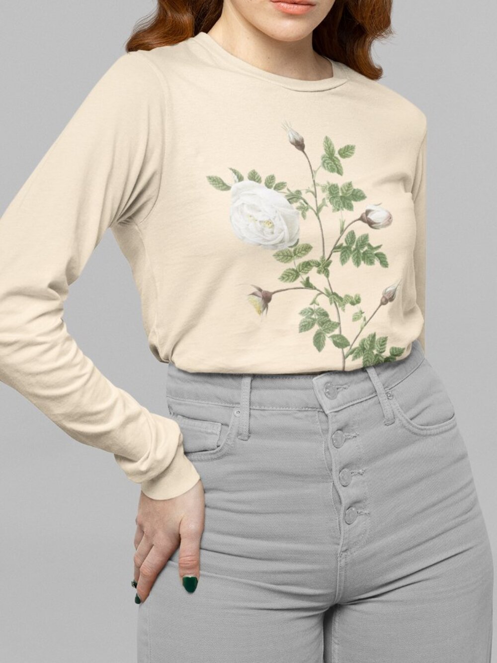 Silver-Flowered Hispid Rose Floral Print Long Sleeve Graphic Tee T-shirt S-XXL